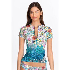 NWT-Johnny Was Sun Rays Surf Shirt Swim Resort Blue Flower Rash Guard Floral Top